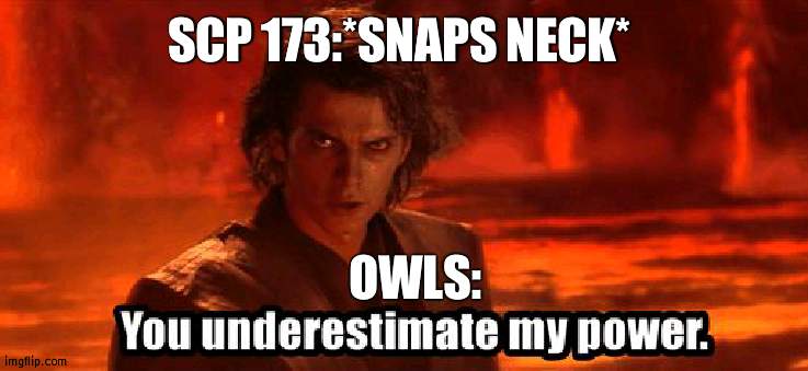 You underestimate my power | SCP 173:*SNAPS NECK*; OWLS: | image tagged in you underestimate my power | made w/ Imgflip meme maker
