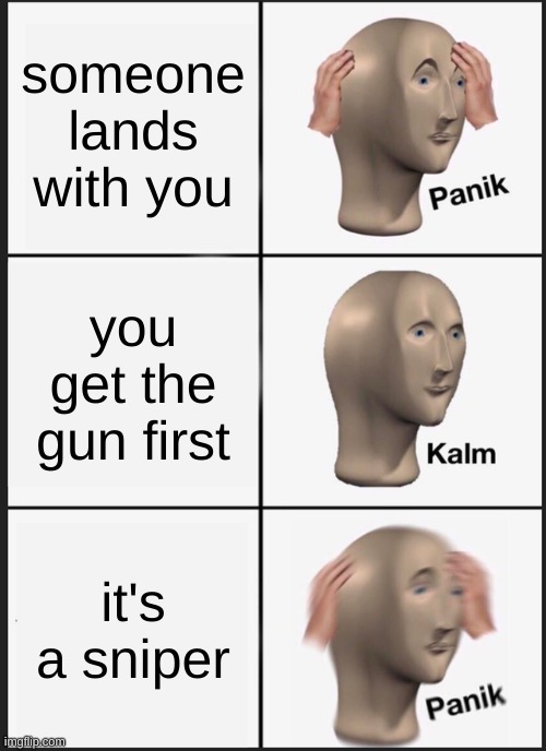 Panik Kalm Panik | someone lands with you; you get the gun first; it's a sniper | image tagged in memes,panik kalm panik | made w/ Imgflip meme maker