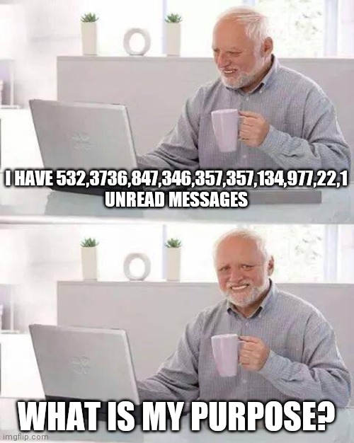 Hide the Pain Harold Meme | I HAVE 532,3736,847,346,357,357,134,977,22,1 UNREAD MESSAGES; WHAT IS MY PURPOSE? | image tagged in memes,hide the pain harold | made w/ Imgflip meme maker