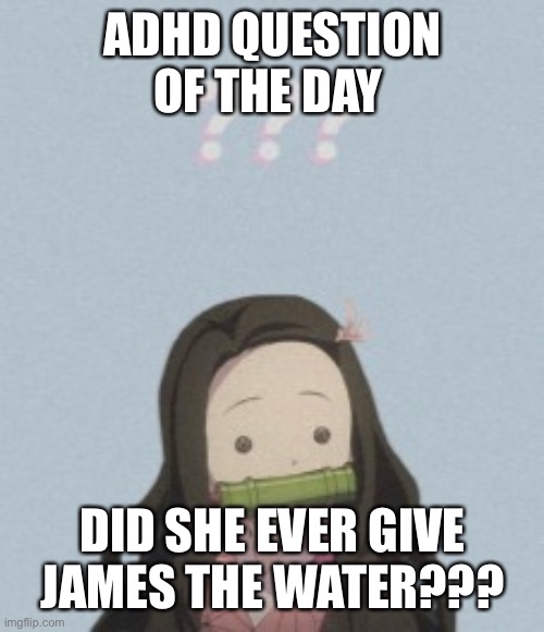 Confussled | ADHD QUESTION OF THE DAY; DID SHE EVER GIVE JAMES THE WATER??? | image tagged in confussled | made w/ Imgflip meme maker