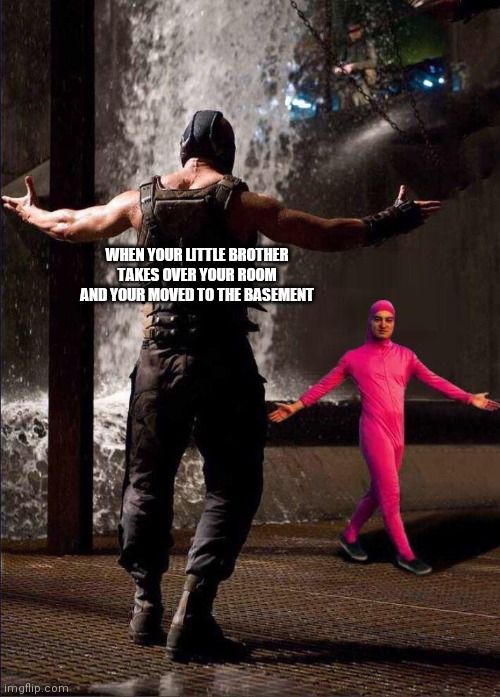 Pink Guy vs Bane | WHEN YOUR LITTLE BROTHER TAKES OVER YOUR ROOM AND YOUR MOVED TO THE BASEMENT | image tagged in pink guy vs bane | made w/ Imgflip meme maker