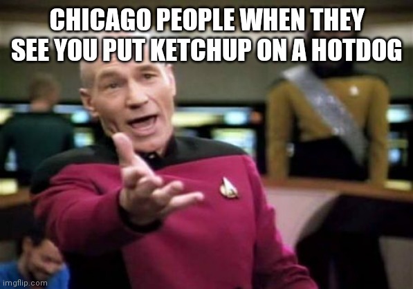 Picard Wtf | CHICAGO PEOPLE WHEN THEY SEE YOU PUT KETCHUP ON A HOTDOG | image tagged in memes,picard wtf | made w/ Imgflip meme maker