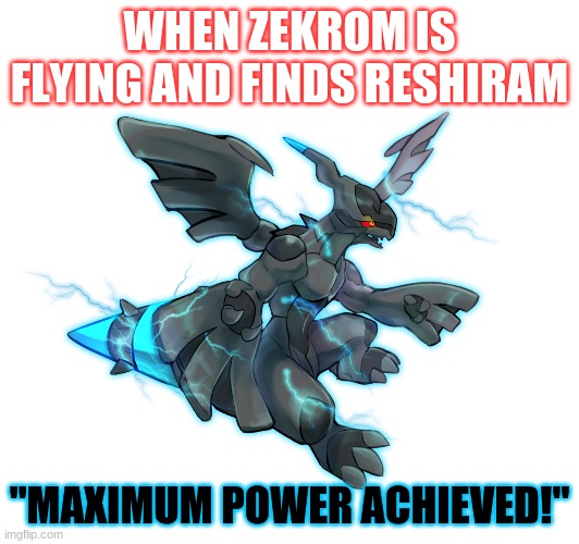 zekrom | WHEN ZEKROM IS FLYING AND FINDS RESHIRAM; "MAXIMUM POWER ACHIEVED!" | image tagged in pokemon | made w/ Imgflip meme maker