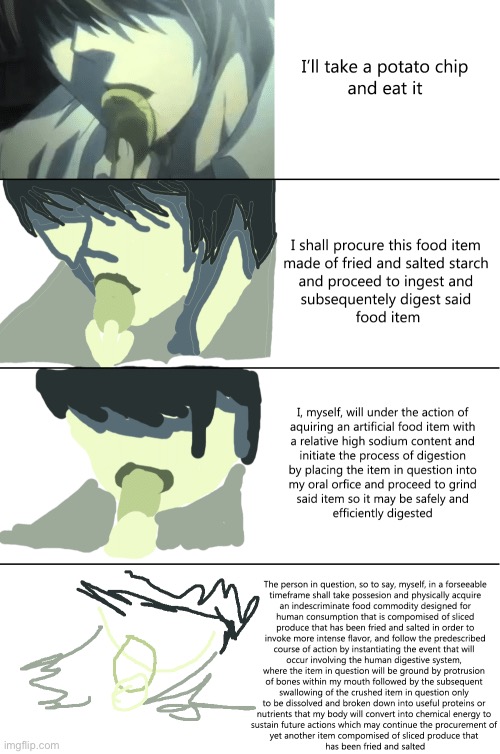 Increasingly verbose Light | image tagged in repost,light,death note,potato chips | made w/ Imgflip meme maker
