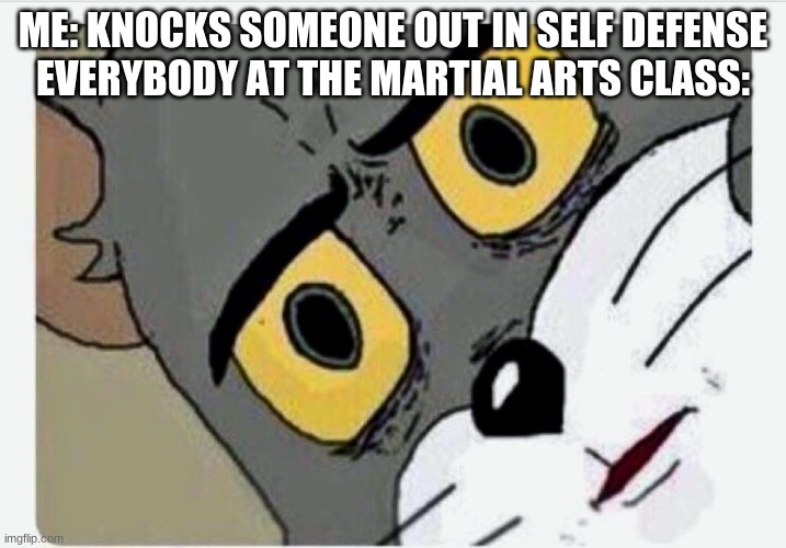 *bOnK* |  ME: KNOCKS SOMEONE OUT IN SELF DEFENSE
EVERYBODY AT THE MARTIAL ARTS CLASS: | image tagged in disturbed tom | made w/ Imgflip meme maker