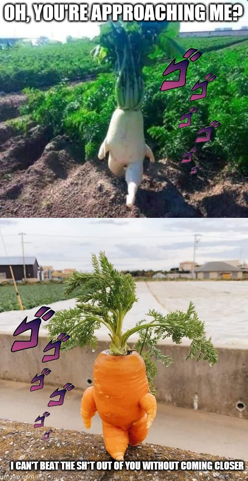 You're approaching me? (Carrot edition) | OH, YOU'RE APPROACHING ME? I CAN'T BEAT THE SH*T OUT OF YOU WITHOUT COMING CLOSER | image tagged in jojo,jojo's bizarre adventure,jojo meme,funny,anime,brimmuthafukinstone | made w/ Imgflip meme maker