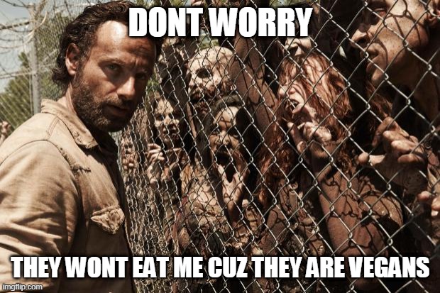 zombies | DONT WORRY THEY WONT EAT ME CUZ THEY ARE VEGANS | image tagged in zombies | made w/ Imgflip meme maker