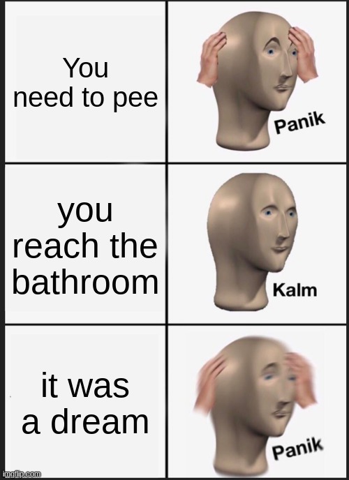 Dreams lie to you | You need to pee; you reach the bathroom; it was a dream | image tagged in memes,panik kalm panik | made w/ Imgflip meme maker