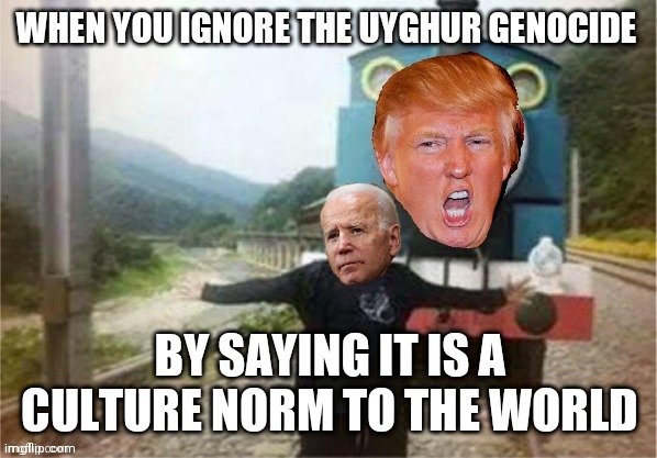 Donald Trump | WHEN YOU IGNORE THE UYGHUR GENOCIDE; BY SAYING IT IS A CULTURE NORM TO THE WORLD | image tagged in donald trump,joe biden,maga,china | made w/ Imgflip meme maker