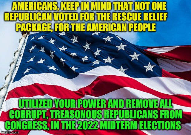 USA flag | AMERICANS, KEEP IN MIND THAT NOT ONE        REPUBLICAN VOTED FOR THE RESCUE RELIEF                  PACKAGE, FOR THE AMERICAN PEOPLE; UTILIZED YOUR POWER AND REMOVE ALL CORRUPT, TREASONOUS REPUBLICANS FROM CONGRESS, IN THE 2022 MIDTERM ELECTIONS | image tagged in usa flag | made w/ Imgflip meme maker