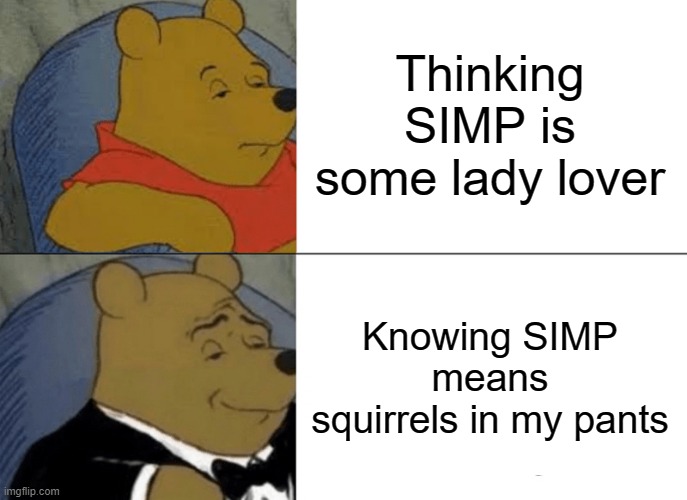 Simps r everywhere  dude | Thinking SIMP is some lady lover; Knowing SIMP means squirrels in my pants | image tagged in memes,tuxedo winnie the pooh | made w/ Imgflip meme maker