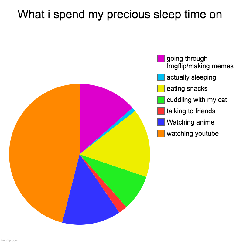 What i spend my precious sleep time on | watching youtube, Watching anime, talking to friends, cuddling with my cat, eating snacks, actually | image tagged in charts,pie charts | made w/ Imgflip chart maker