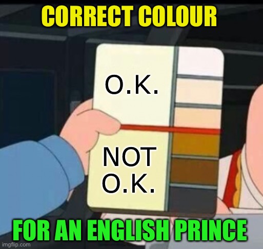 Just one of the laughable revelations from the Prince Harry - Megan Markle ,Oprah interview. | CORRECT COLOUR; O.K. NOT O.K. FOR AN ENGLISH PRINCE | image tagged in prince harry,megan markle,oprah,interview,bs,dark humour | made w/ Imgflip meme maker