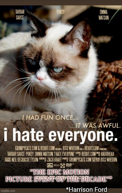 Don't miss it | "THE EPIC MOTION PICTURE EVENT OF THE DECADE"*; *Harrison Ford | image tagged in grumpycat,movie | made w/ Imgflip meme maker