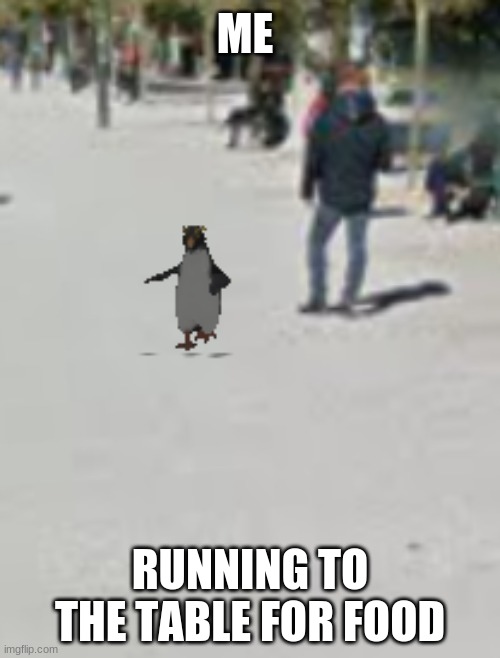 yo why the heck is pengu in alabama | ME; RUNNING TO THE TABLE FOR FOOD | image tagged in running pengu | made w/ Imgflip meme maker