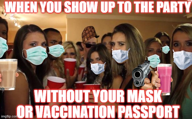 Partying with brainwashed people in 2021 | WHEN YOU SHOW UP TO THE PARTY; WITHOUT YOUR MASK OR VACCINATION PASSPORT | image tagged in awkward party | made w/ Imgflip meme maker