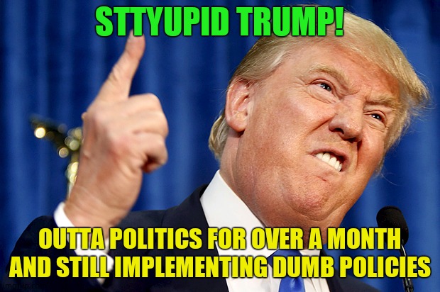 Donald Trump | STTYUPID TRUMP! OUTTA POLITICS FOR OVER A MONTH AND STILL IMPLEMENTING DUMB POLICIES | image tagged in donald trump,donaldtrumpsucks | made w/ Imgflip meme maker