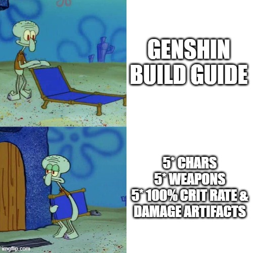 genshin builds be like | GENSHIN BUILD GUIDE; 5* CHARS
5* WEAPONS
5* 100% CRIT RATE & DAMAGE ARTIFACTS | image tagged in squidward chair | made w/ Imgflip meme maker