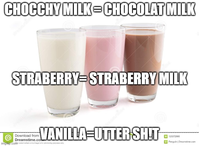 CHOCCHY MILK = CHOCOLAT MILK; STRABERRY= STRABERRY MILK; VANILLA=UTTER SH!T | image tagged in choccy milk | made w/ Imgflip meme maker