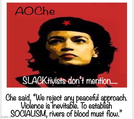 AOChe’s HERo  ~  (neverwoke) | SLACKtivists don’t mention..... Che said, “We reject any peaceful approach. 
Violence is inevitable. To establish 
SOCIALISM, rivers of blood must flow.” | image tagged in aoc,che,slacktivist,hero,aoche | made w/ Imgflip meme maker