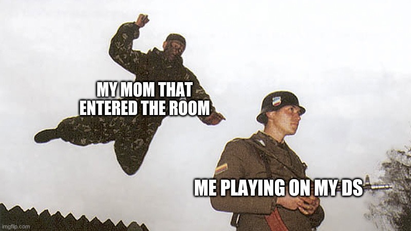 Soldier jump spetznaz | MY MOM THAT ENTERED THE ROOM; ME PLAYING ON MY DS | image tagged in soldier jump spetznaz | made w/ Imgflip meme maker