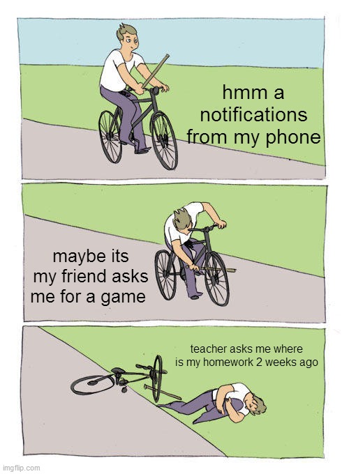 and that is math homework |  hmm a notifications from my phone; maybe its my friend asks me for a game; teacher asks me where is my homework 2 weeks ago | image tagged in memes,bike fall | made w/ Imgflip meme maker