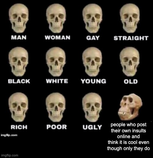 *something about braincells* EPIC ROASTED YOUR OPINION IS STUPID STFU | people who post their own insults online and think it is cool even though only they do | image tagged in idiot skull | made w/ Imgflip meme maker