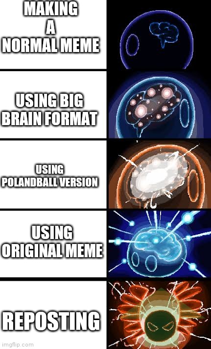 This is being of perfection | MAKING A NORMAL MEME; USING BIG BRAIN FORMAT; USING POLANDBALL VERSION; USING ORIGINAL MEME; REPOSTING | image tagged in polandball expanding brain 2 | made w/ Imgflip meme maker