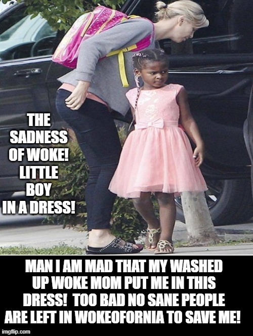 The Sadness of Woke! Little Boy in a Dress! | THE SADNESS OF WOKE! LITTLE BOY IN A DRESS! MAN I AM MAD THAT MY WASHED UP WOKE MOM PUT ME IN THIS DRESS!  TOO BAD NO SANE PEOPLE ARE LEFT IN WOKEOFORNIA TO SAVE ME! | image tagged in woke,liberals,cowards,idiots,morons | made w/ Imgflip meme maker