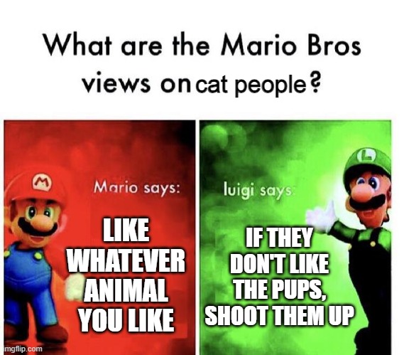 Mario Bros Views | cat people; LIKE WHATEVER ANIMAL YOU LIKE; IF THEY DON'T LIKE THE PUPS, SHOOT THEM UP | image tagged in mario bros views,cats,dogs,funny memes,memes | made w/ Imgflip meme maker