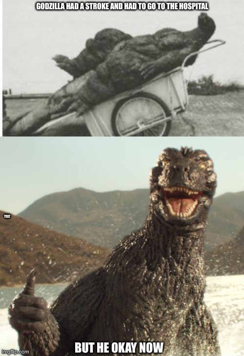 GODZILLA HAD A STROKE AND HAD TO GO TO THE HOSPITAL; YEET; BUT HE OKAY NOW | image tagged in dead godzilla,godzilla approved | made w/ Imgflip meme maker