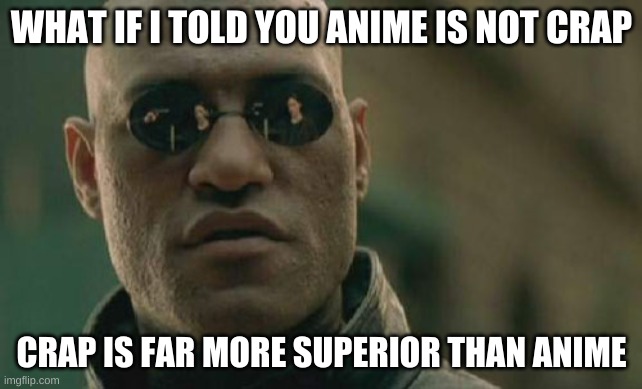 Its not | WHAT IF I TOLD YOU ANIME IS NOT CRAP; CRAP IS FAR MORE SUPERIOR THAN ANIME | image tagged in memes,matrix morpheus | made w/ Imgflip meme maker