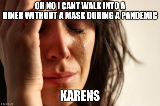 h u s h k a r e n | OH NO I CANT WALK INTO A DINER WITHOUT A MASK DURING A PANDEMIC; KARENS | image tagged in memes,first world problems | made w/ Imgflip meme maker