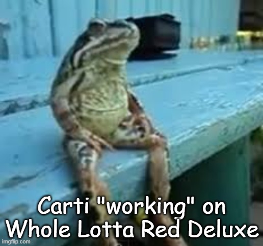 But really, what is he doing? | Carti "working" on Whole Lotta Red Deluxe | image tagged in frog sit,music,hip hop | made w/ Imgflip meme maker