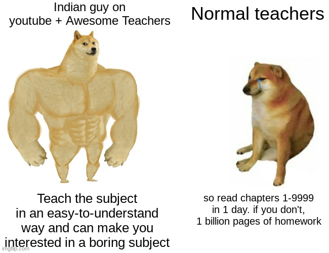true tho | Indian guy on youtube + Awesome Teachers; Normal teachers; Teach the subject in an easy-to-understand way and can make you interested in a boring subject; so read chapters 1-9999 in 1 day. if you don't, 1 billion pages of homework | image tagged in memes,buff doge vs cheems | made w/ Imgflip meme maker