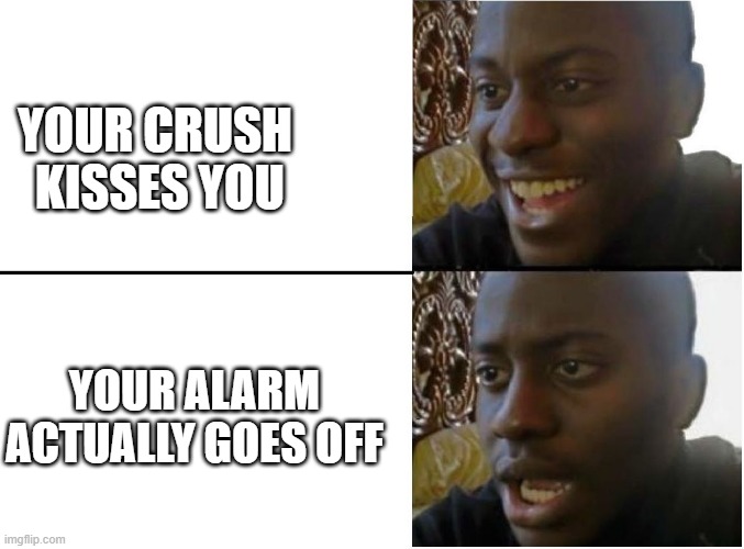 Happy and sad black guy | YOUR CRUSH  KISSES YOU YOUR ALARM ACTUALLY GOES OFF | image tagged in happy and sad black guy | made w/ Imgflip meme maker