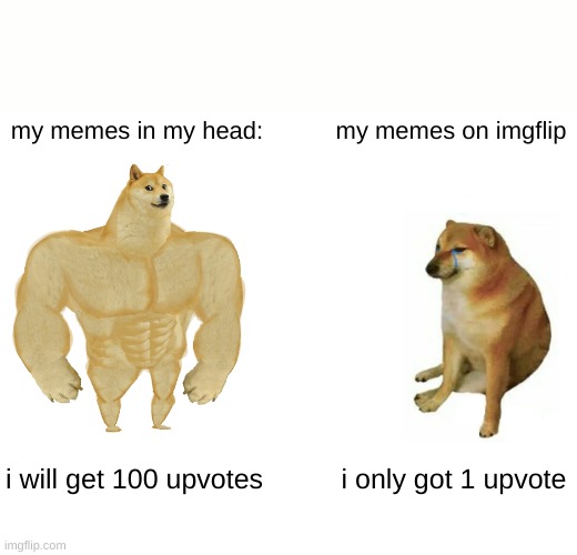 my memes are never as good as they are in my head | my memes in my head:; my memes on imgflip; i will get 100 upvotes; i only got 1 upvote | image tagged in memes,buff doge vs cheems,upvotes,upvote | made w/ Imgflip meme maker