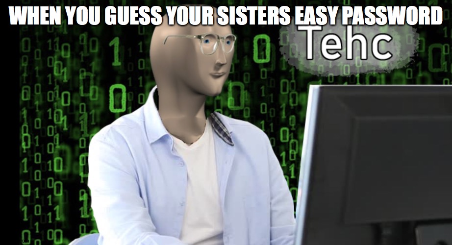 tehc | WHEN YOU GUESS YOUR SISTERS EASY PASSWORD | image tagged in tehc | made w/ Imgflip meme maker