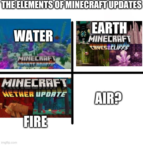 what comes next? | THE ELEMENTS OF MINECRAFT UPDATES; EARTH; WATER; AIR? FIRE | image tagged in memes,blank starter pack | made w/ Imgflip meme maker