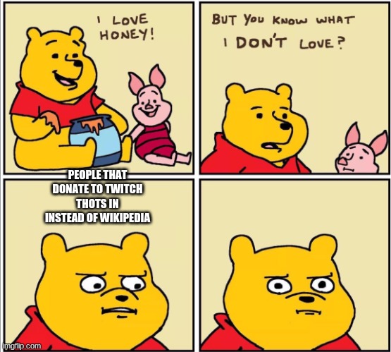 e |  PEOPLE THAT DONATE TO TWITCH THOTS IN INSTEAD OF WIKIPEDIA | image tagged in serious winnie the pooh | made w/ Imgflip meme maker