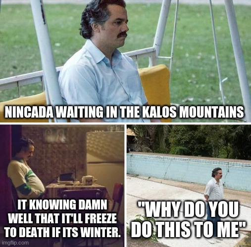 Sad Pablo Escobar | NINCADA WAITING IN THE KALOS MOUNTAINS; IT KNOWING DAMN WELL THAT IT'LL FREEZE TO DEATH IF ITS WINTER. "WHY DO YOU DO THIS TO ME" | image tagged in memes,sad pablo escobar | made w/ Imgflip meme maker