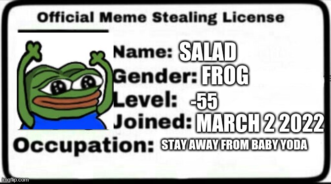 Meme Stealing License | SALAD; FROG; -55; MARCH 2 2022; STAY AWAY FROM BABY YODA | image tagged in meme stealing license | made w/ Imgflip meme maker