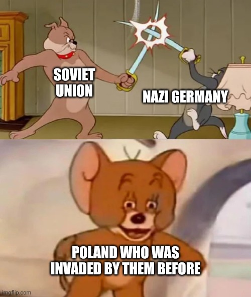 WW2 in a nutshell | SOVIET UNION; NAZI GERMANY; POLAND WHO WAS INVADED BY THEM BEFORE | image tagged in tom and spike fighting | made w/ Imgflip meme maker