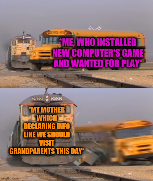 -Hours and other. | *ME, WHO INSTALLED NEW COMPUTER'S GAME AND WANTED FOR PLAY*; *MY MOTHER WHICH DECLARING INFO LIKE WE SHOULD VISIT GRANDPARENTS THIS DAY* | image tagged in a train hitting a school bus,computer guy,technology challenged grandparents,grandma finds the internet,planes,what happened | made w/ Imgflip meme maker