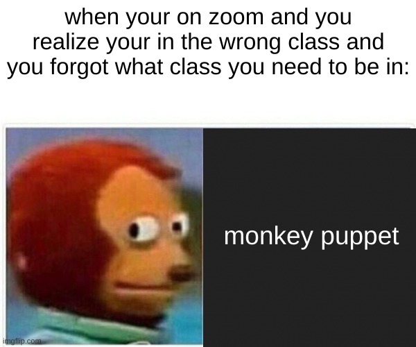 A noice meme | when your on zoom and you realize your in the wrong class and you forgot what class you need to be in:; monkey puppet | image tagged in zoom | made w/ Imgflip meme maker