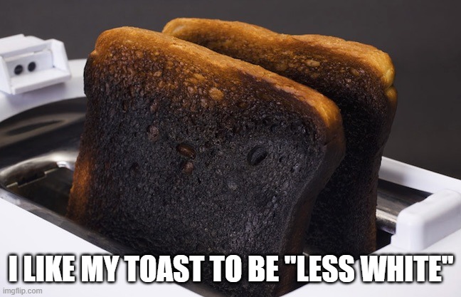Burnt Toast | I LIKE MY TOAST TO BE "LESS WHITE" | image tagged in burnt toast | made w/ Imgflip meme maker