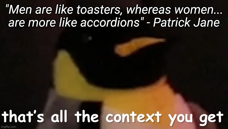 That's all the context you get | "Men are like toasters, whereas women... are more like accordions" - Patrick Jane | image tagged in that's all the context you get | made w/ Imgflip meme maker