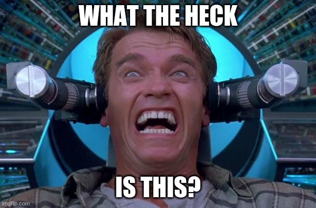 Arnie Total Recall | WHAT THE HECK; IS THIS? | image tagged in arnie total recall | made w/ Imgflip meme maker
