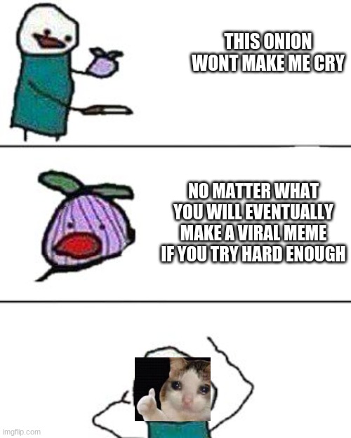 inspirational.ExE | THIS ONION WONT MAKE ME CRY; NO MATTER WHAT YOU WILL EVENTUALLY MAKE A VIRAL MEME IF YOU TRY HARD ENOUGH | image tagged in this onion won't make me cry,yay,inspirational quote,haha | made w/ Imgflip meme maker