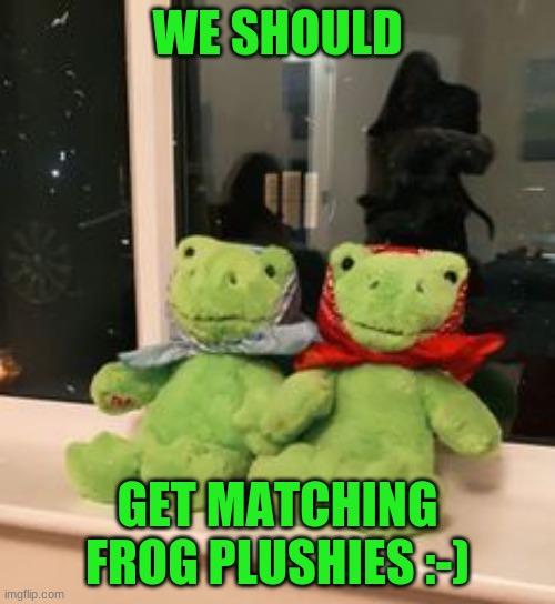 i want to | WE SHOULD; GET MATCHING FROG PLUSHIES :-) | image tagged in frog | made w/ Imgflip meme maker